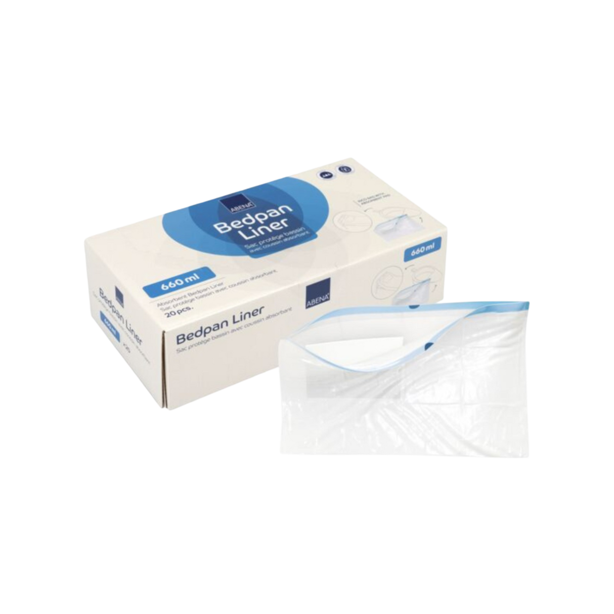 Présentation du produit Sac de recueil Protège-bassin de lit Abena avec le packaging