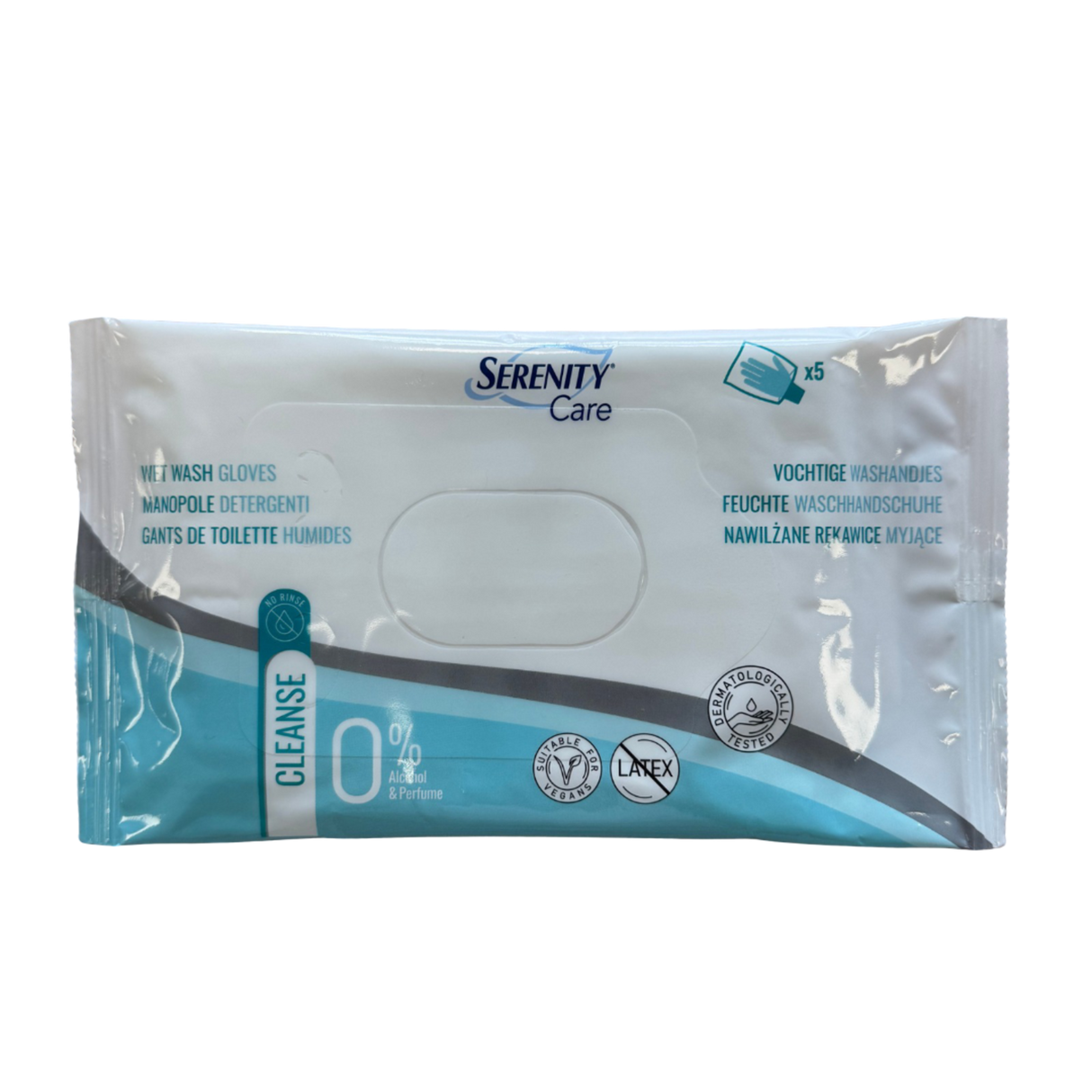Présentation du produit Gants de toilette imprégnés Sérenity Care avec le packaging