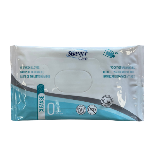 Présentation du produit Gants de toilette imprégnés Sérenity Care avec le packaging