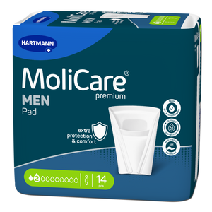 Présentation du produit Molicare Premium Men Pad (2 gouttes) avec le packaging