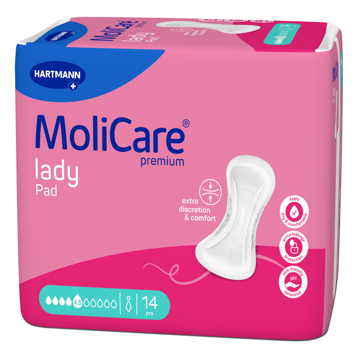 Présentation du produit MoliCare Lady pad (4,5 gouttes) avec le packaging