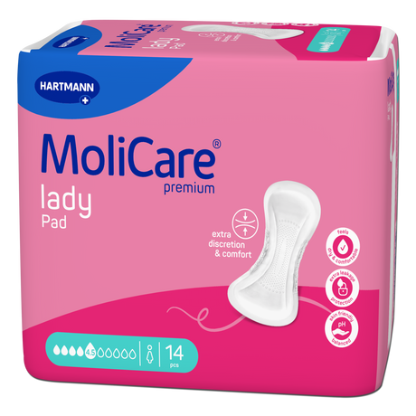 Présentation du produit MoliCare Lady pad (4,5 gouttes) avec le packaging