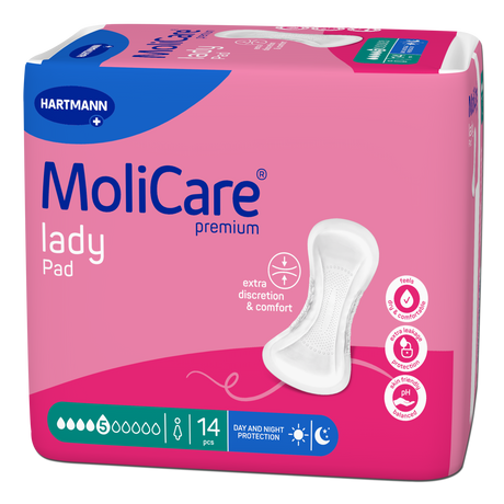 Présentation du produit MoliCare Lady pad (5 gouttes) avec le packaging