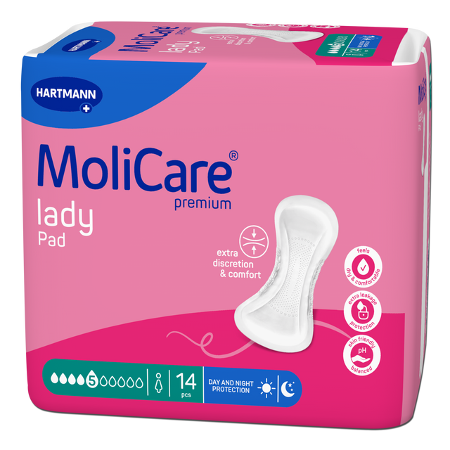 Présentation du produit MoliCare Lady pad (5 gouttes) avec le packaging