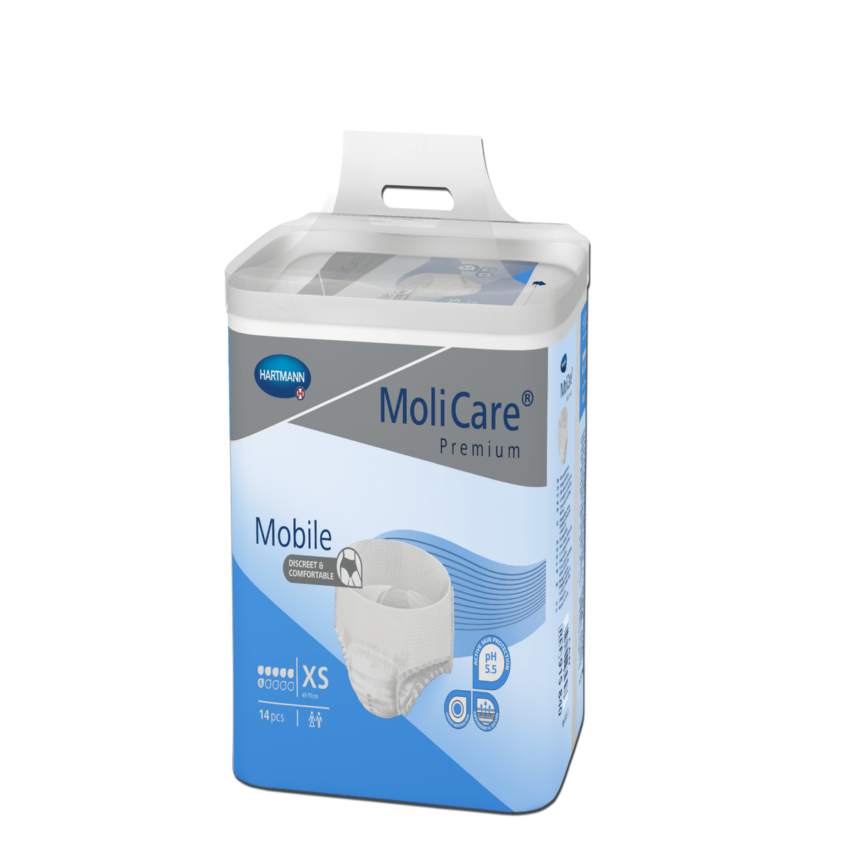 Présentation du produit MoliCare Mobile (6 gouttes) XS avec le packaging