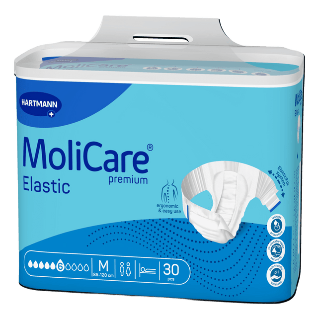 Présentation du produit MoliCare Premium Elastic (6 gouttes) M avec le packaging