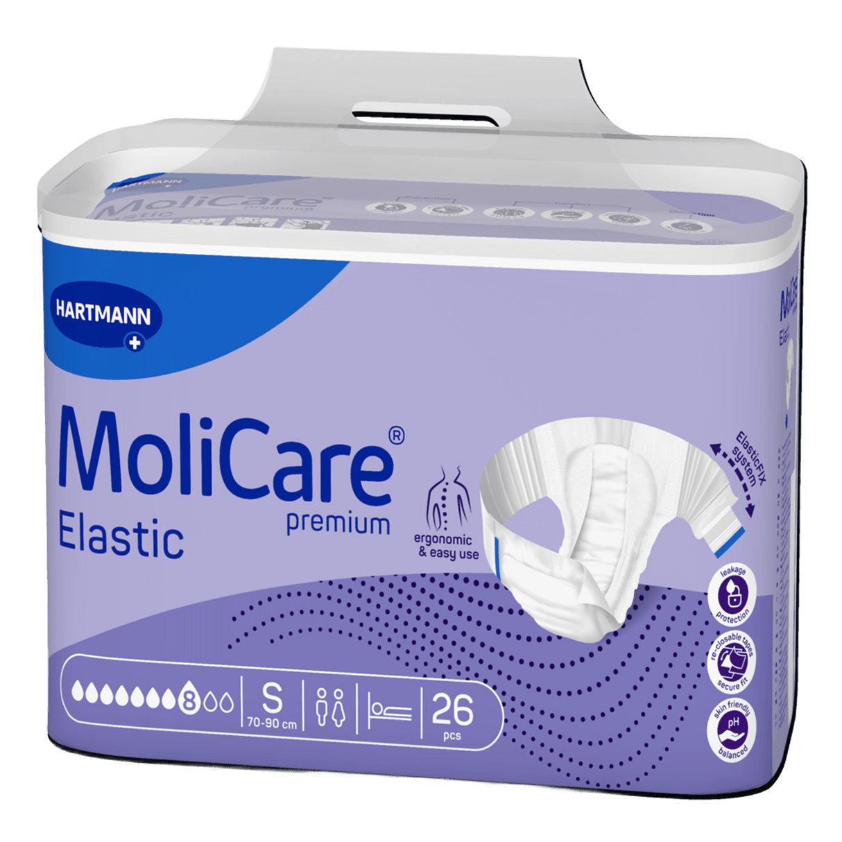 Présentation du produit MoliCare Premium Elastic (8 gouttes) S avec le packaging