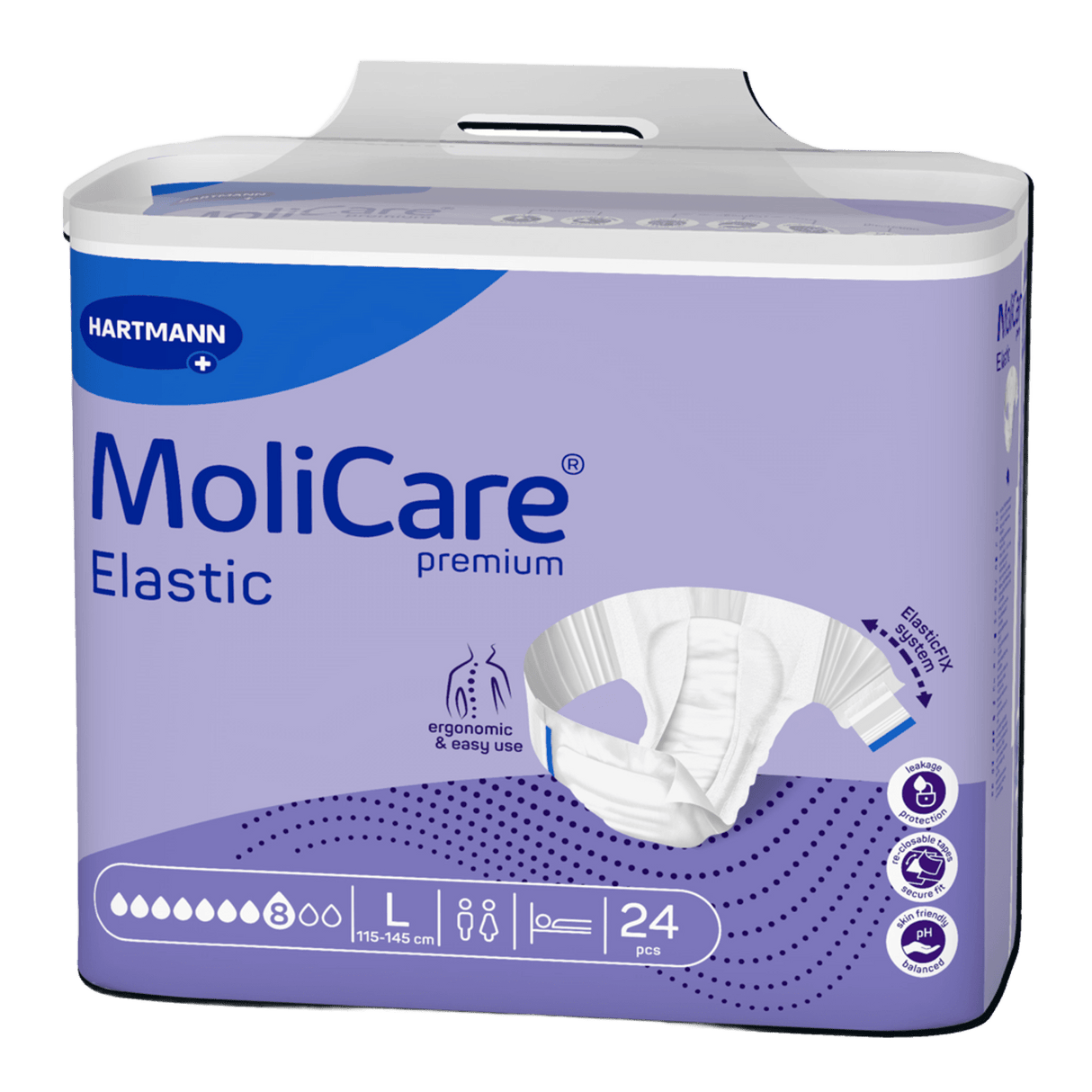 Présentation du produit MoliCare Premium Elastic (8 gouttes) L avec le packaging