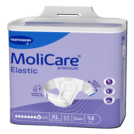 Présentation du produit MoliCare Premium Elastic (8 gouttes) XL avec le packaging