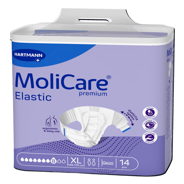 Présentation du produit MoliCare Premium Elastic (8 gouttes) XL avec le packaging