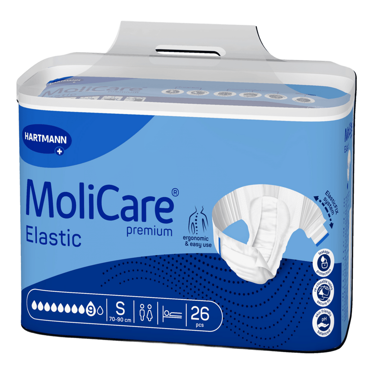 Présentation du produit MoliCare Premium Elastic (9 gouttes) S avec le packaging