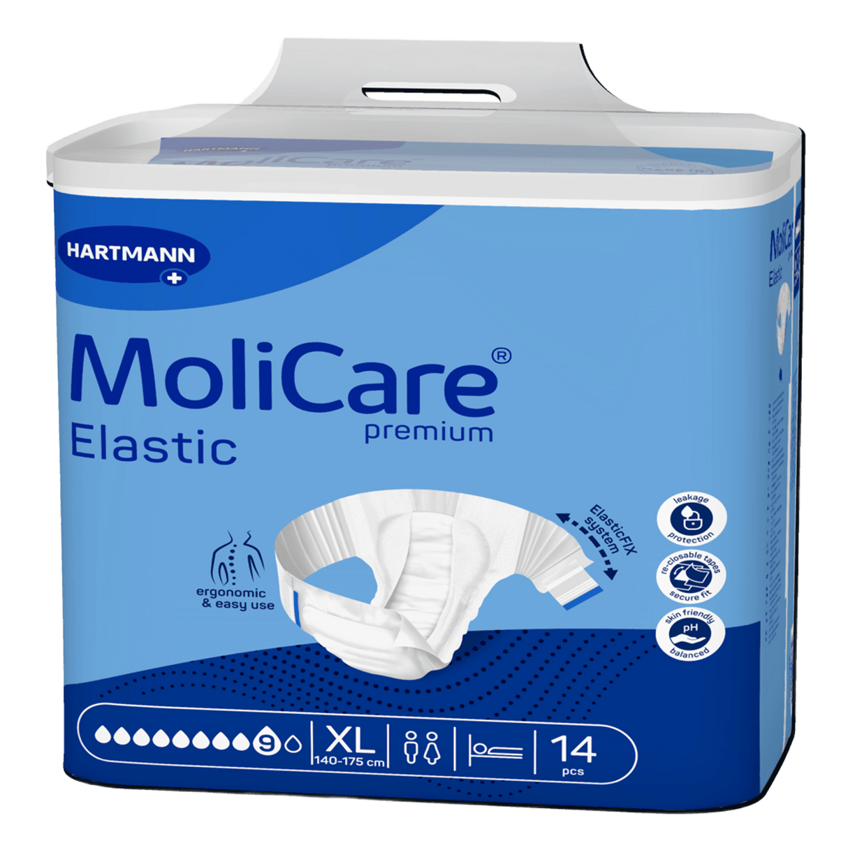 Présentation du produit MoliCare Premium Elastic (9 gouttes) XL avec le packaging