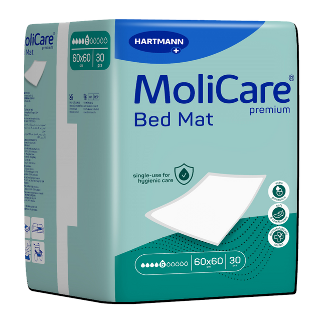 Présentation du produit Molicare Premium Bed Mat (5 gouttes) avec le packaging