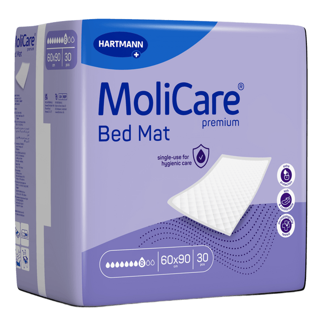 Présentation du produit Molicare Premium Bed Mat (8 gouttes) avec le packaging