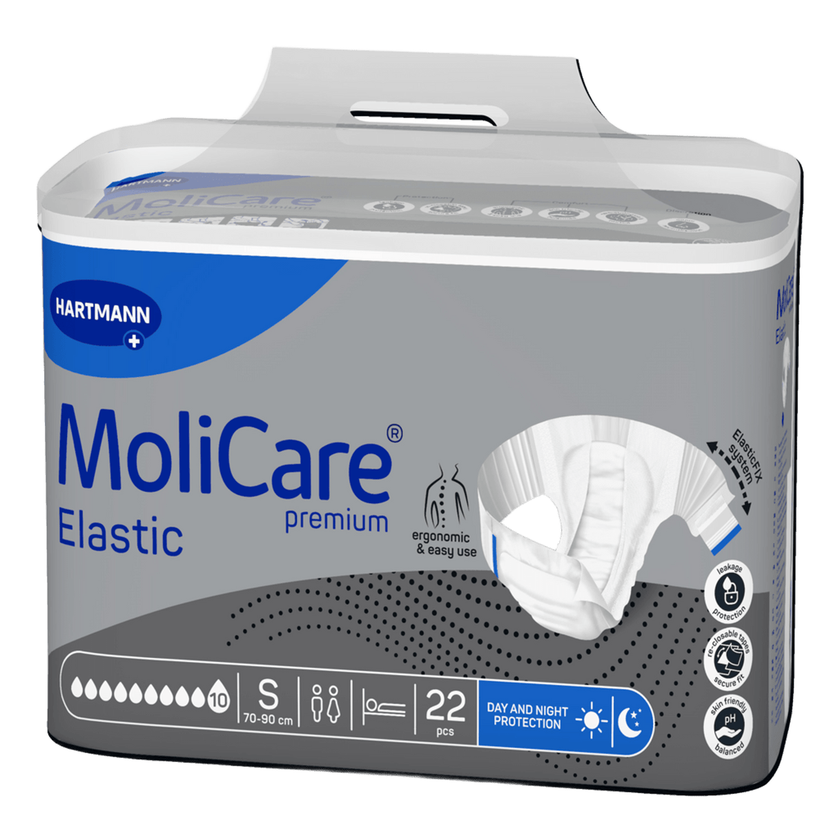 Présentation du produit MoliCare Premium Elastic (10 gouttes) S avec le packaging
